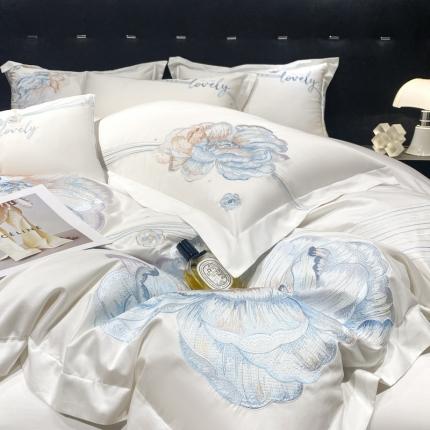 魅都 100阿克苏长绒棉刺绣四件套-素兮娆眉 素兮娆眉-椰奶白