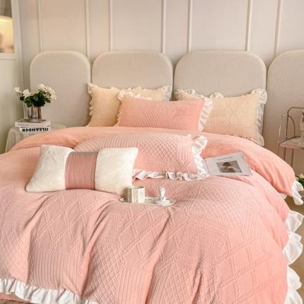沐慕 2023新款泡芙暖绒花边立体剪花牛奶绒四件套 泡芙-粉黛