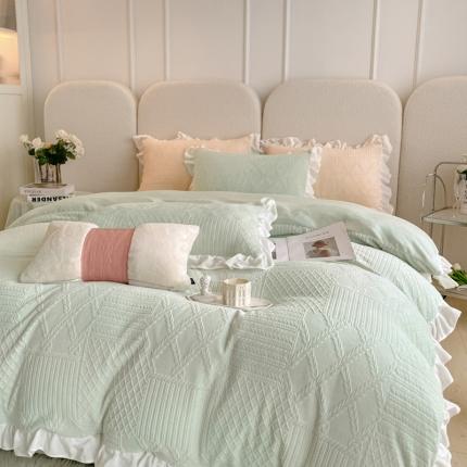 沐慕 2023新款泡芙暖绒花边立体剪花牛奶绒四件套 泡芙-水绿