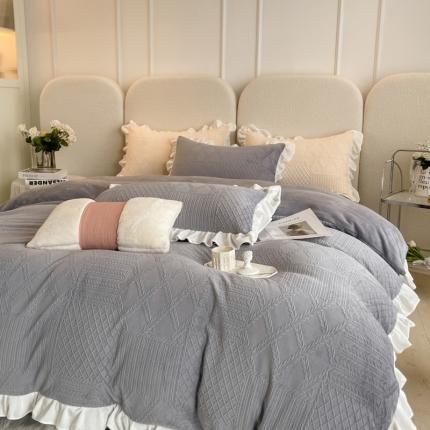沐慕 2023新款泡芙暖绒花边立体剪花牛奶绒四件套 泡芙-雅灰