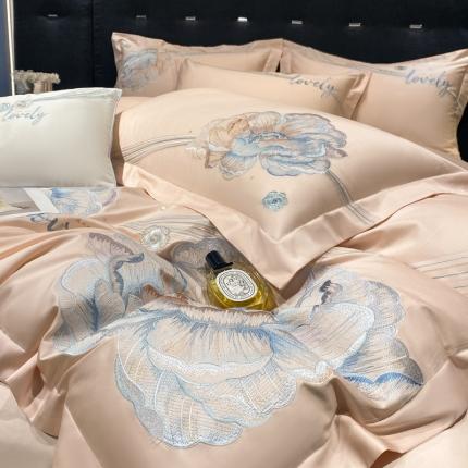 魅都 100阿克苏长绒棉刺绣四件套-素兮娆眉 素兮娆眉-粉玉