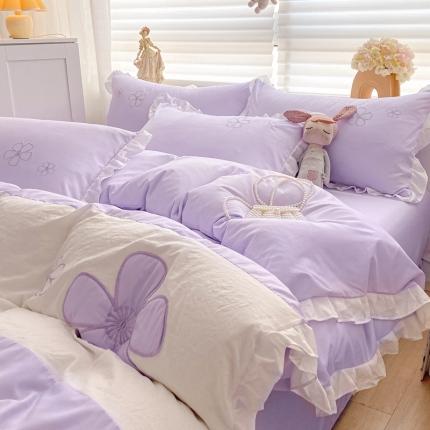 91家纺网 家纺一手货源 找家纺 你好美丽 2025新款水洗磨毛蝴蝶刺绣三拼四件套 淡雅花语紫