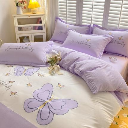 91家纺网 家纺一手货源 找家纺 你好美丽 2025新款水洗磨毛蝴蝶刺绣三拼四件套 蝶恋花紫