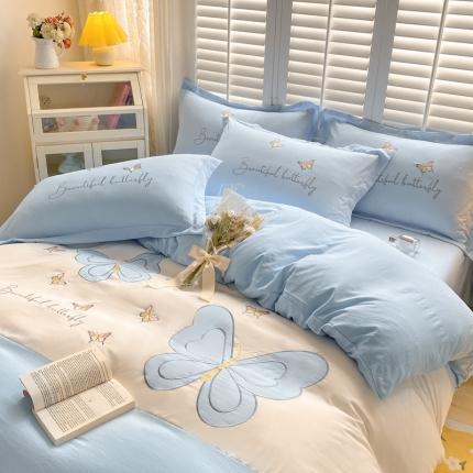 你好美丽 2025新款水洗磨毛蝴蝶刺绣三拼四件套 蝶恋花蓝