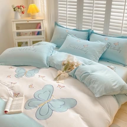 你好美丽 2025新款水洗磨毛蝴蝶刺绣三拼四件套 蝶恋花绿