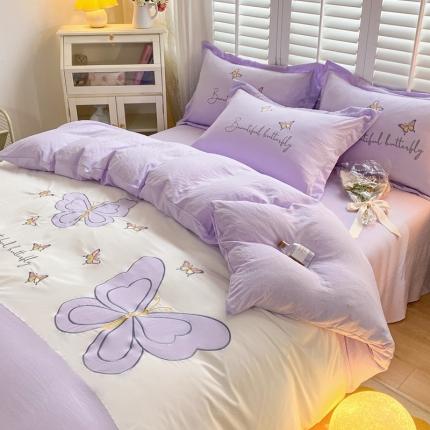 你好美丽 2025新款水洗磨毛蝴蝶刺绣三拼四件套 蝶恋花紫