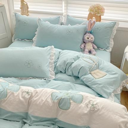 你好美丽 2025新款水洗磨毛蝴蝶刺绣三拼四件套 淡雅花语绿