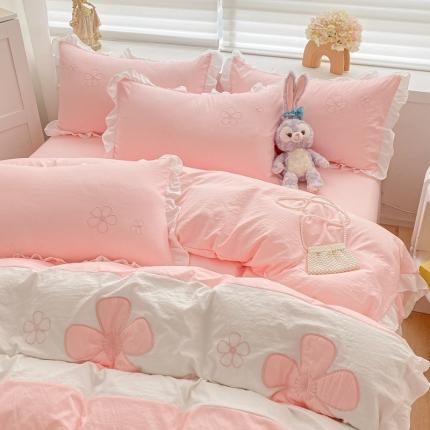 你好美丽 2025新款水洗磨毛蝴蝶刺绣三拼四件套 淡雅花语玉