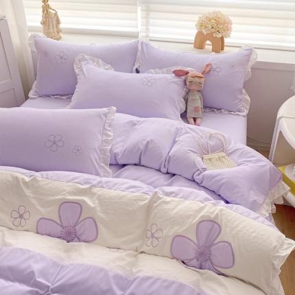 你好美丽 2025新款水洗磨毛蝴蝶刺绣三拼四件套 淡雅花语紫