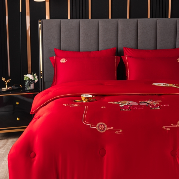 91家纺网 家纺一手货源 找家纺 壹张床新款婚庆斜纹水洗棉绣花冬被大豆春秋被喜庆被大红被子 相亲相爱