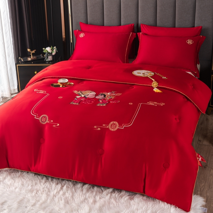 91家纺网 家纺一手货源 找家纺 壹张床新款婚庆斜纹水洗棉绣花冬被大豆春秋被喜庆被大红被子 相亲相爱