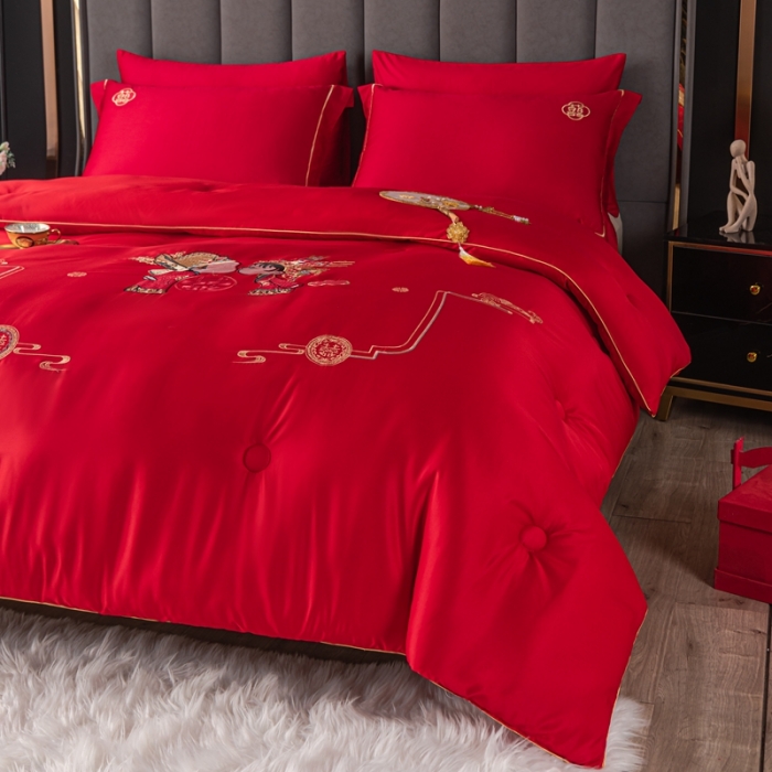 91家纺网 家纺一手货源 找家纺 壹张床新款婚庆斜纹水洗棉绣花冬被大豆春秋被喜庆被大红被子 相亲相爱