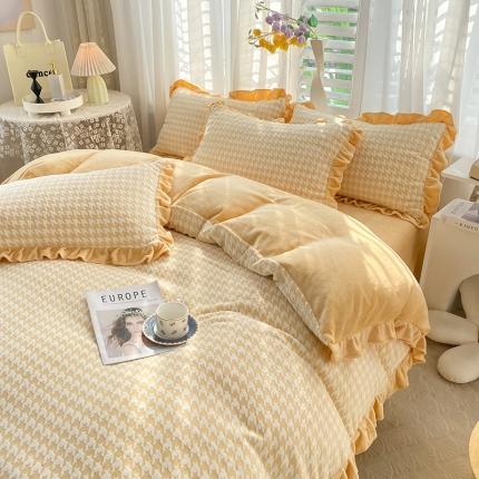 小主驾到 2023秋冬新款千鸟格牛奶绒花边四件套 千鸟格-黄花边款