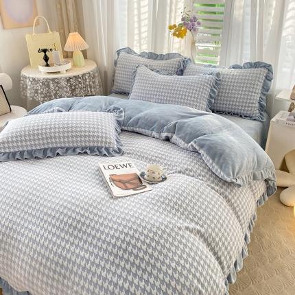 小主驾到 2023秋冬新款千鸟格牛奶绒花边四件套 千鸟格-雾蓝花边款