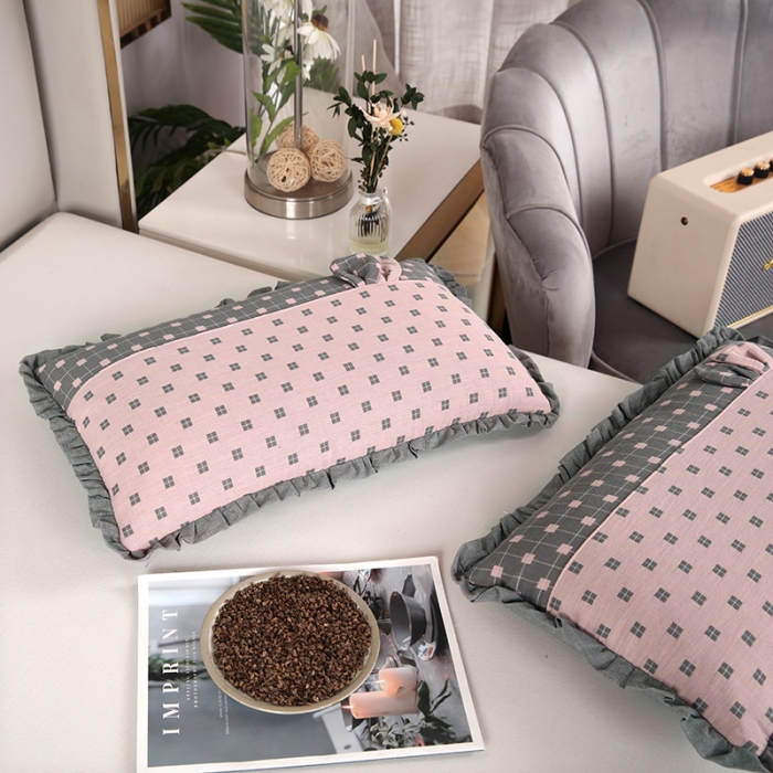 91家纺网 家纺一手货源 找家纺 （总）明星 2023新款纯棉荞麦枕头双层纱布拼接花边枕头芯