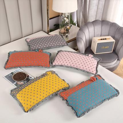 （总）明星 2023新款纯棉荞麦枕头双层纱布拼接花边枕头芯