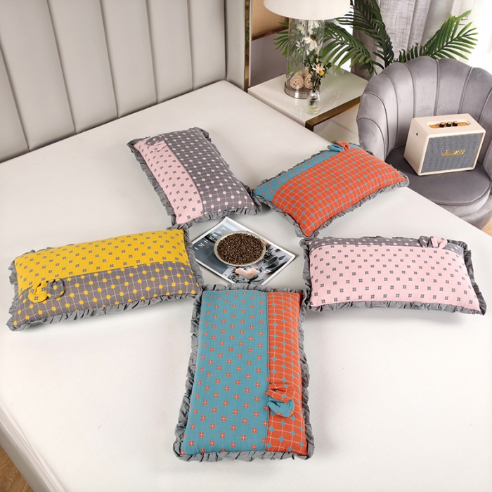 91家纺网 家纺一手货源 找家纺 （总）明星 2023新款纯棉荞麦枕头双层纱布拼接花边枕头芯