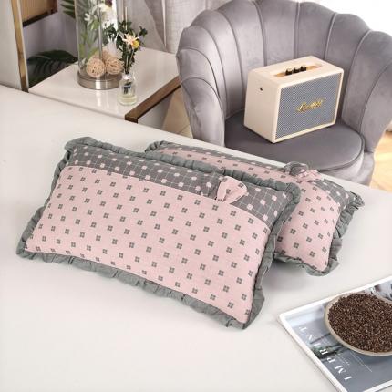 明星 2023新款纯棉荞麦枕头双层纱布拼接花边荞麦壳枕头芯 纱布花边枕粉色