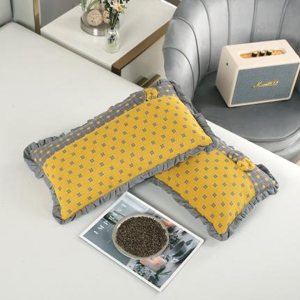 明星 2023新款纯棉荞麦枕头双层纱布拼接花边荞麦壳枕头芯 纱布花边枕黄色