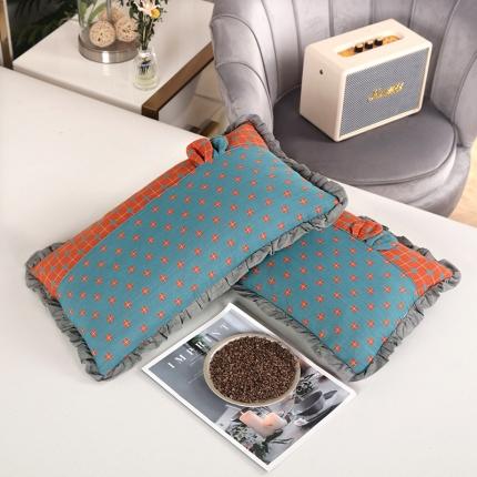 明星 2023新款纯棉荞麦枕头双层纱布拼接花边荞麦壳枕头芯 纱布花边枕蓝色