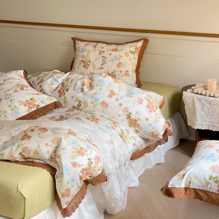 91家纺网 家纺一手货源 找家纺 蓝邻 2023新款复古小清晰花边四件套风格二 蝶恋花语