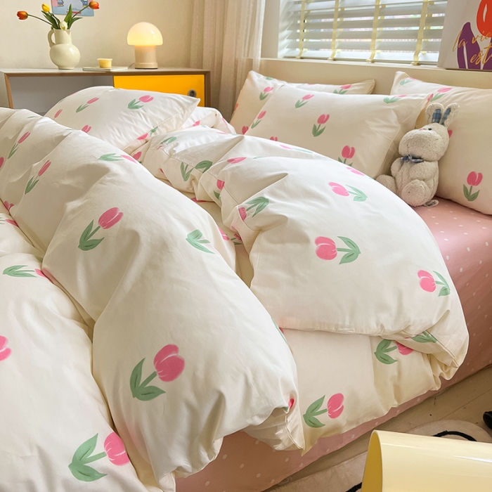 91家纺网 家纺一手货源 找家纺 小懒猪 2023新款春夏全棉小清新系列四件套 粉黛