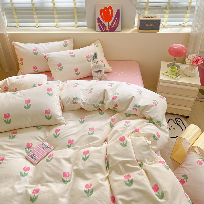 91家纺网 家纺一手货源 找家纺 小懒猪 2023新款春夏全棉小清新系列四件套 粉黛