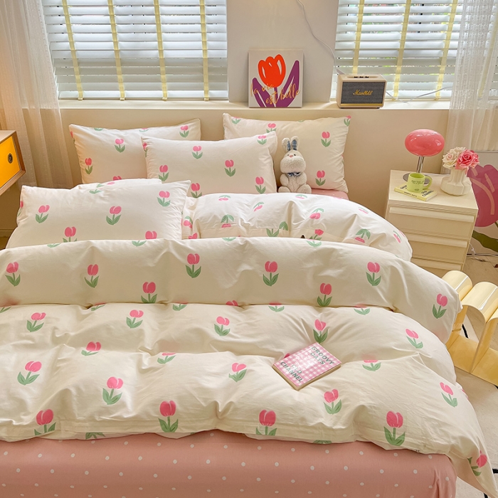 91家纺网 家纺一手货源 找家纺 小懒猪 2023新款春夏全棉小清新系列四件套 粉黛