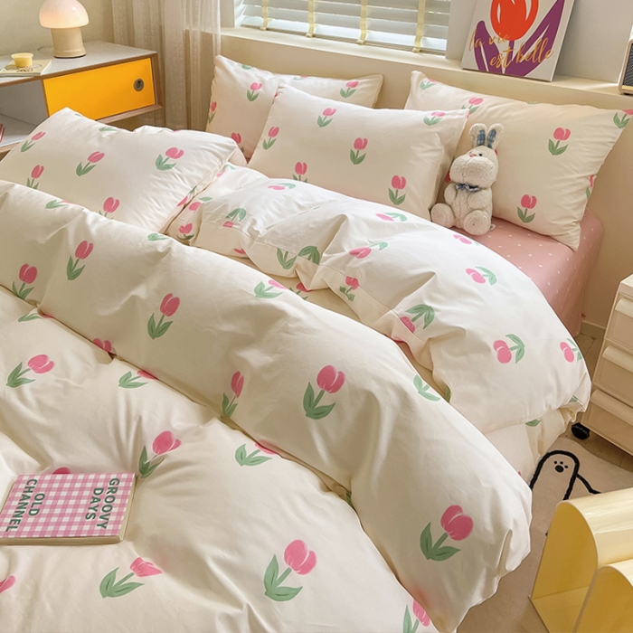 91家纺网 家纺一手货源 找家纺 小懒猪 2023新款春夏全棉小清新系列四件套 粉黛