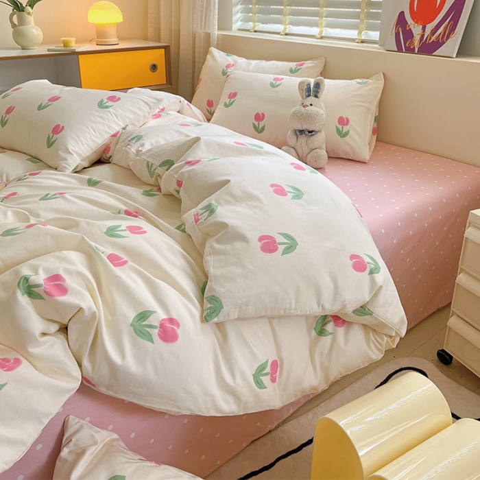 91家纺网 家纺一手货源 找家纺 小懒猪 2023新款春夏全棉小清新系列四件套 粉黛