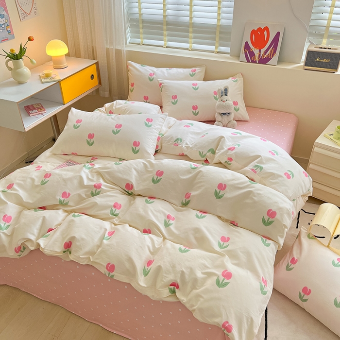 91家纺网 家纺一手货源 找家纺 小懒猪 2023新款春夏全棉小清新系列四件套 粉黛