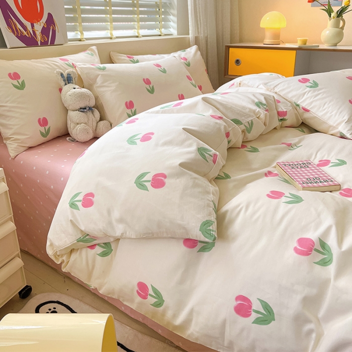 91家纺网 家纺一手货源 找家纺 小懒猪 2023新款春夏全棉小清新系列四件套 粉黛