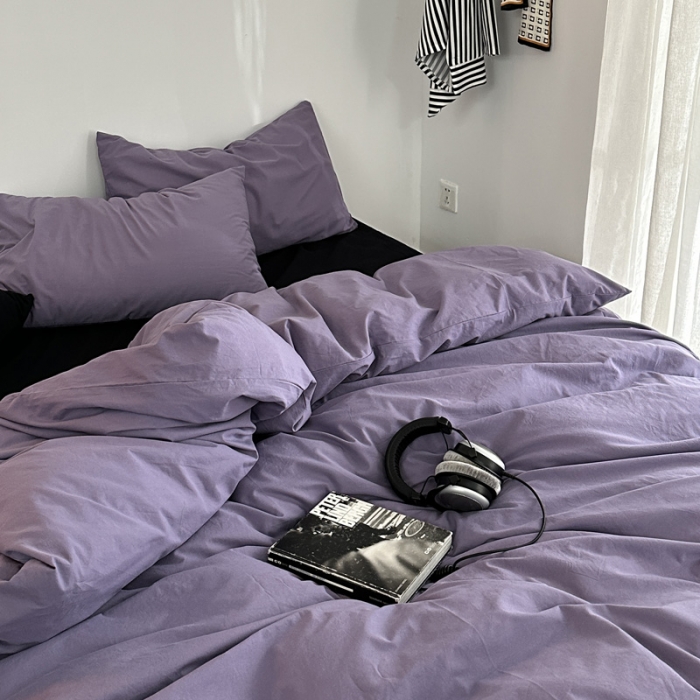 91家纺网 家纺一手货源 找家纺 艾沁 新款32支加密全棉水洗棉混搭四件套 暗紫+黑