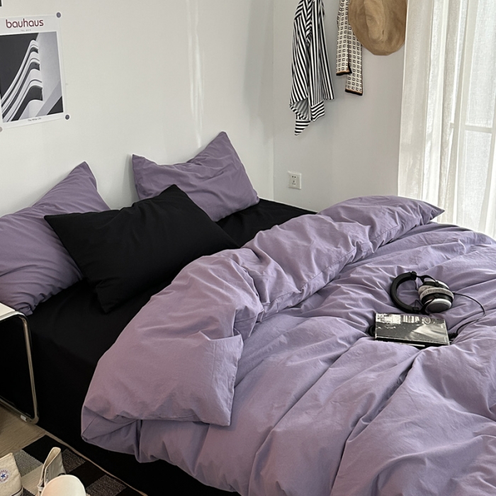 91家纺网 家纺一手货源 找家纺 艾沁 新款32支加密全棉水洗棉混搭四件套 暗紫+黑