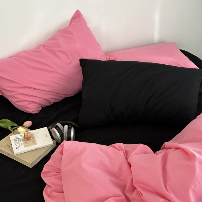 91家纺网 家纺一手货源 找家纺 艾沁 新款32支全棉水洗棉混搭四件套 蔷薇粉+黑