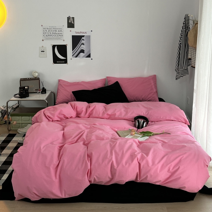 91家纺网 家纺一手货源 找家纺 艾沁 新款32支全棉水洗棉混搭四件套 蔷薇粉+黑