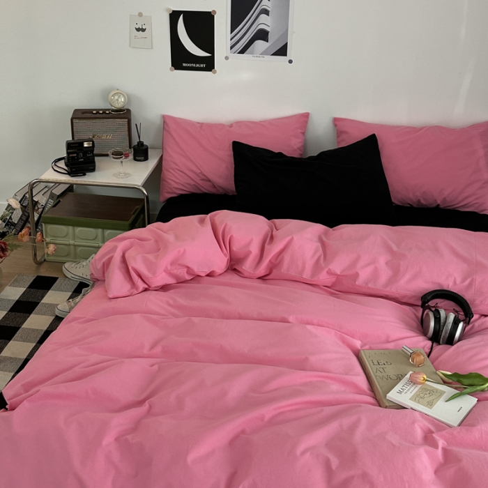 91家纺网 家纺一手货源 找家纺 艾沁 新款32支全棉水洗棉混搭四件套 蔷薇粉+黑