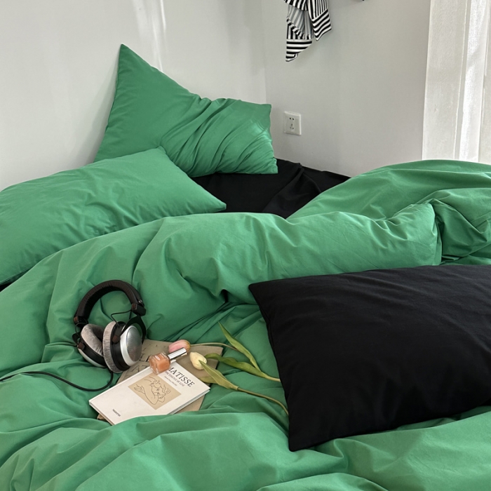 91家纺网 家纺一手货源 找家纺 艾沁 新款32支全棉水洗棉混搭四件套 深绿+黑