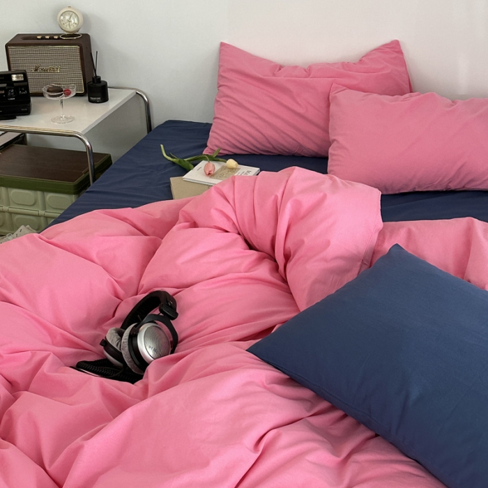 91家纺网 家纺一手货源 找家纺 艾沁 新款32支全棉水洗棉混搭四件套 蔷薇粉+深蓝