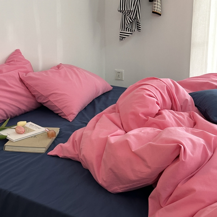 91家纺网 家纺一手货源 找家纺 艾沁 新款32支全棉水洗棉混搭四件套 蔷薇粉+深蓝