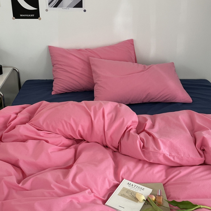 91家纺网 家纺一手货源 找家纺 艾沁 新款32支全棉水洗棉混搭四件套 蔷薇粉+深蓝