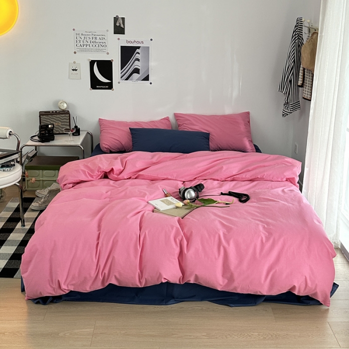 91家纺网 家纺一手货源 找家纺 艾沁 新款32支全棉水洗棉混搭四件套 蔷薇粉+深蓝