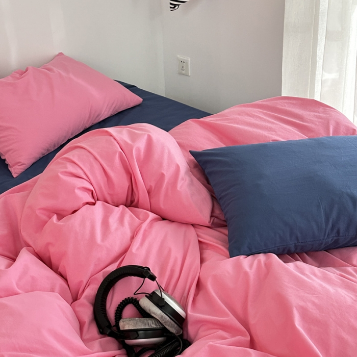 91家纺网 家纺一手货源 找家纺 艾沁 新款32支全棉水洗棉混搭四件套 蔷薇粉+深蓝