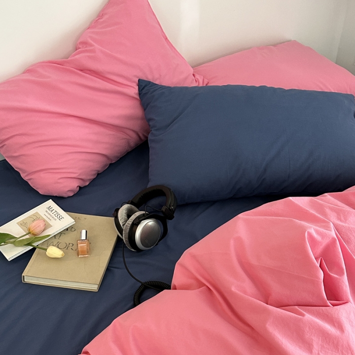 91家纺网 家纺一手货源 找家纺 艾沁 新款32支全棉水洗棉混搭四件套 蔷薇粉+深蓝