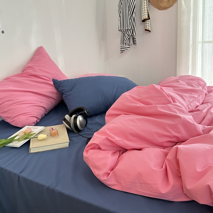 91家纺网 家纺一手货源 找家纺 艾沁 新款32支全棉水洗棉混搭四件套 蔷薇粉+深蓝