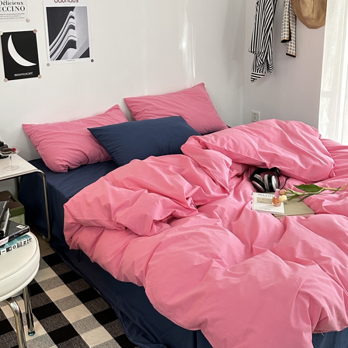 91家纺网 家纺一手货源 找家纺 艾沁 新款32支全棉水洗棉混搭四件套 蔷薇粉+深蓝