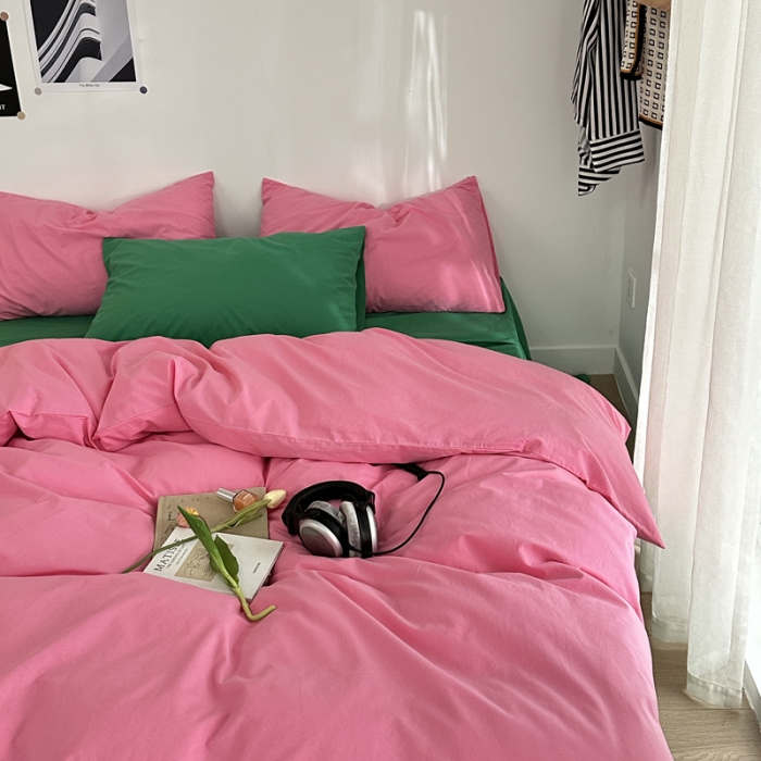 91家纺网 家纺一手货源 找家纺 艾沁 新款32支全棉水洗棉混搭四件套 蔷薇粉+绿