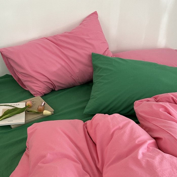 91家纺网 家纺一手货源 找家纺 艾沁 新款32支全棉水洗棉混搭四件套 蔷薇粉+绿