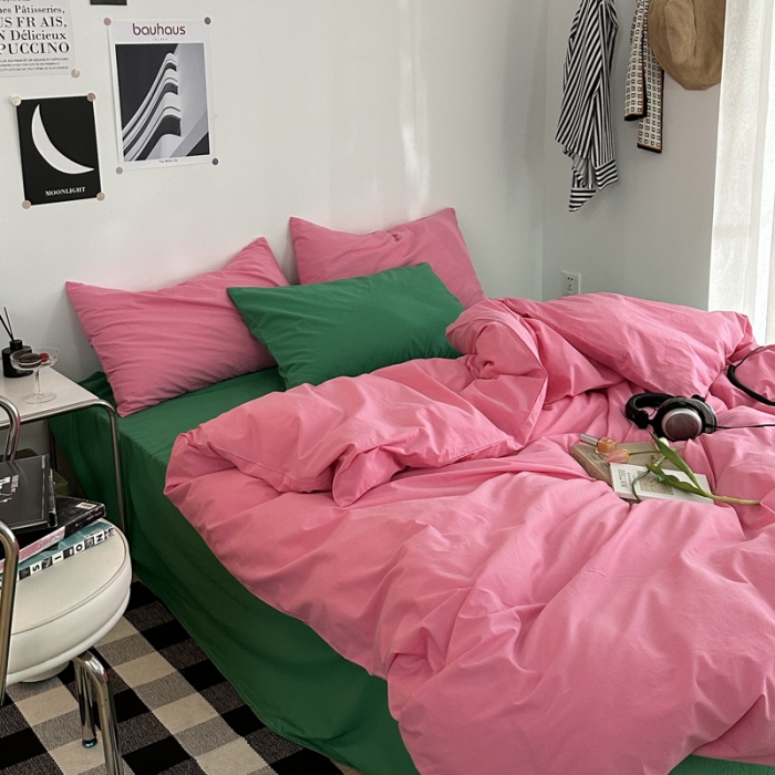 91家纺网 家纺一手货源 找家纺 艾沁 新款32支全棉水洗棉混搭四件套 蔷薇粉+绿