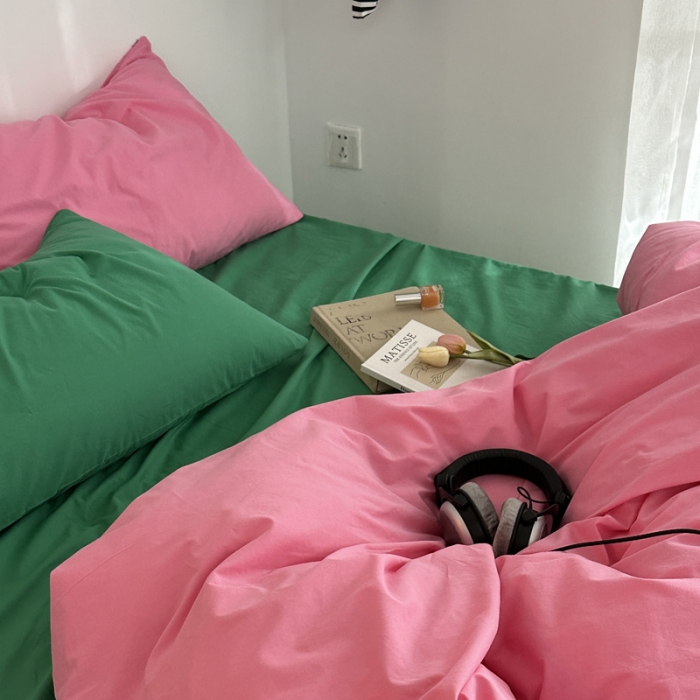 91家纺网 家纺一手货源 找家纺 艾沁 新款32支全棉水洗棉混搭四件套 蔷薇粉+绿